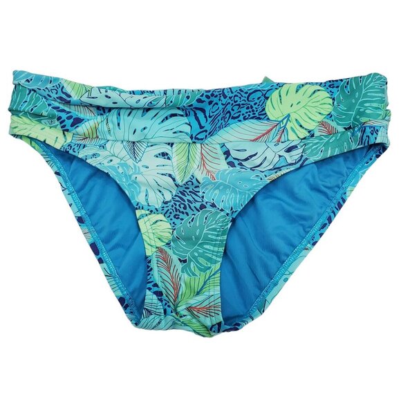 Sunsets Women's Aqua Tropical Leaf Print High Waist Ruched Bikini‎ Bottoms Sz L - Picture 1 of 6